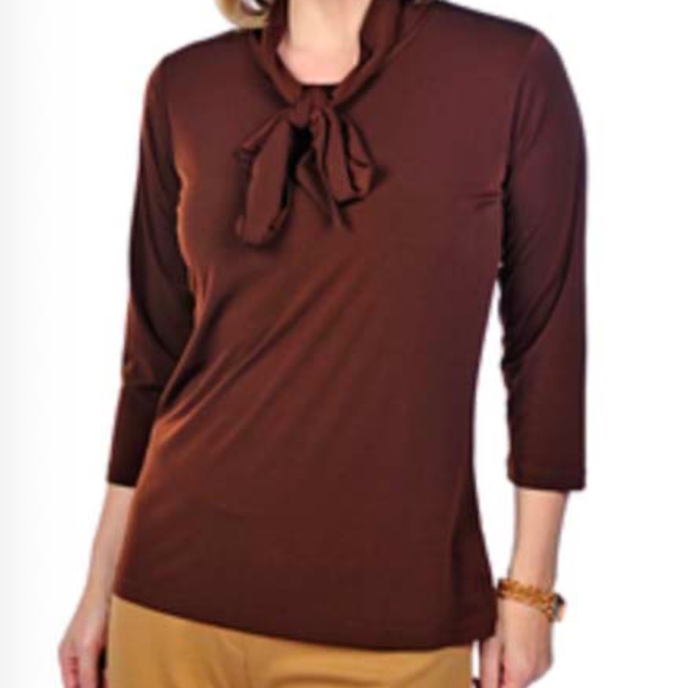 TIE NECK TOP, BROWN, SIZE 3X, PULL OVER, 3/4 SLEEVES, SPANDEX KNIT, SEMI-FITTED,